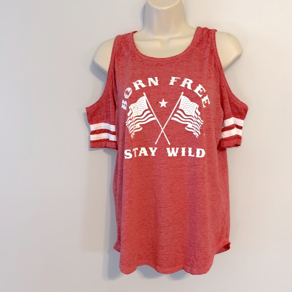 Modern Lux Cold Shoulder Lightweight Graphic Short Sleeve T- Shirt Top Size M